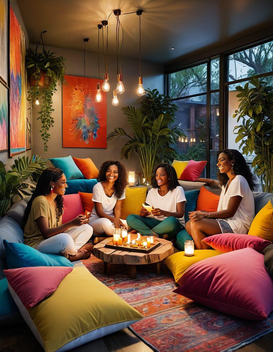 A diverse group of individuals engaging in a vibrant communal setting, sharing stories and laughter, surrounded by colorful, creative decor symbolizing inclusivity and openness. Soft lighting creates an inviting atmosphere, with elements like cushions and candles enhancing warmth. A subtle backdrop showing various symbols of love and connection intertwining. super-realistic. vibrant colors. warm lighting.