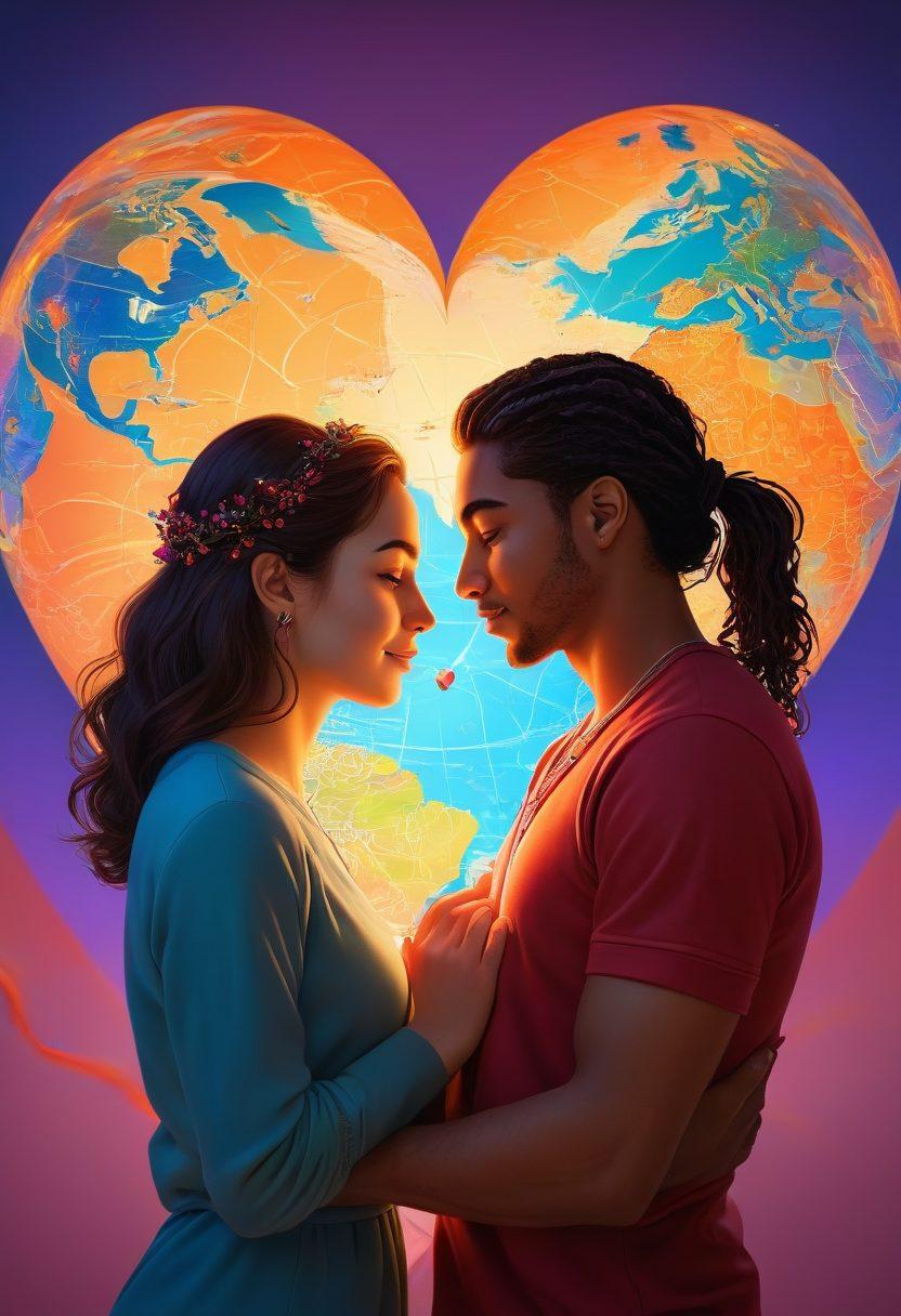 A striking visual depicting diverse couples engaged in open and intimate conversations, surrounded by symbols of connection like hearts and infinity loops. The background should feature a colorful world map that represents various cultures and their unique approaches to relationships. Include warm lighting to evoke closeness and comfort, emphasizing emotional bonds. super-realistic. vibrant colors. 3D.