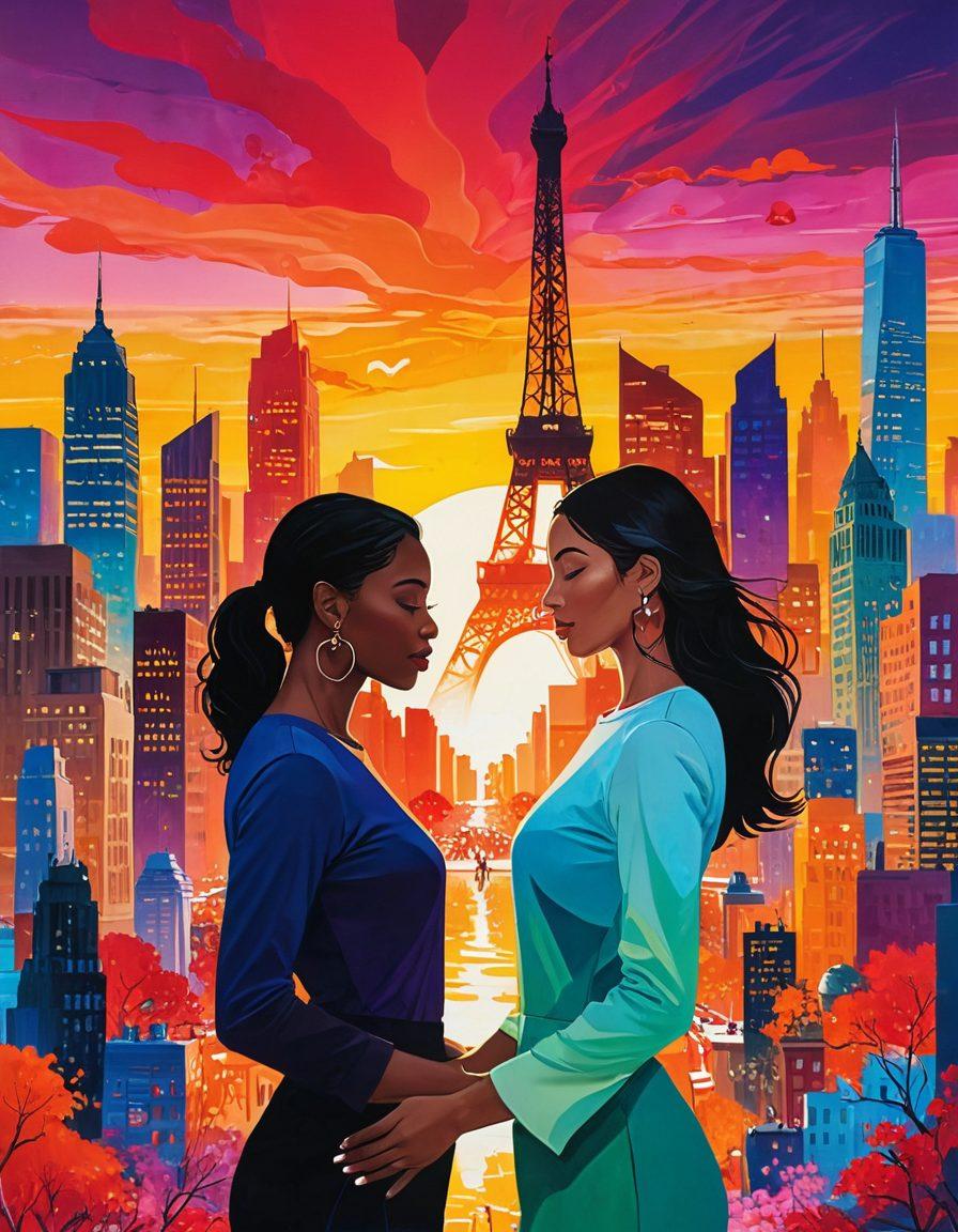An abstract representation of diverse couples, intertwining in a vibrant cityscape filled with iconic landmarks symbolizing modern love. Soft glowing hearts in the background, showcasing connection and intimacy. Use warm and inviting colors to evoke emotions. Incorporate elements like technology and nature to represent balance in relationships. surrealistic. vibrant colors. modern art.